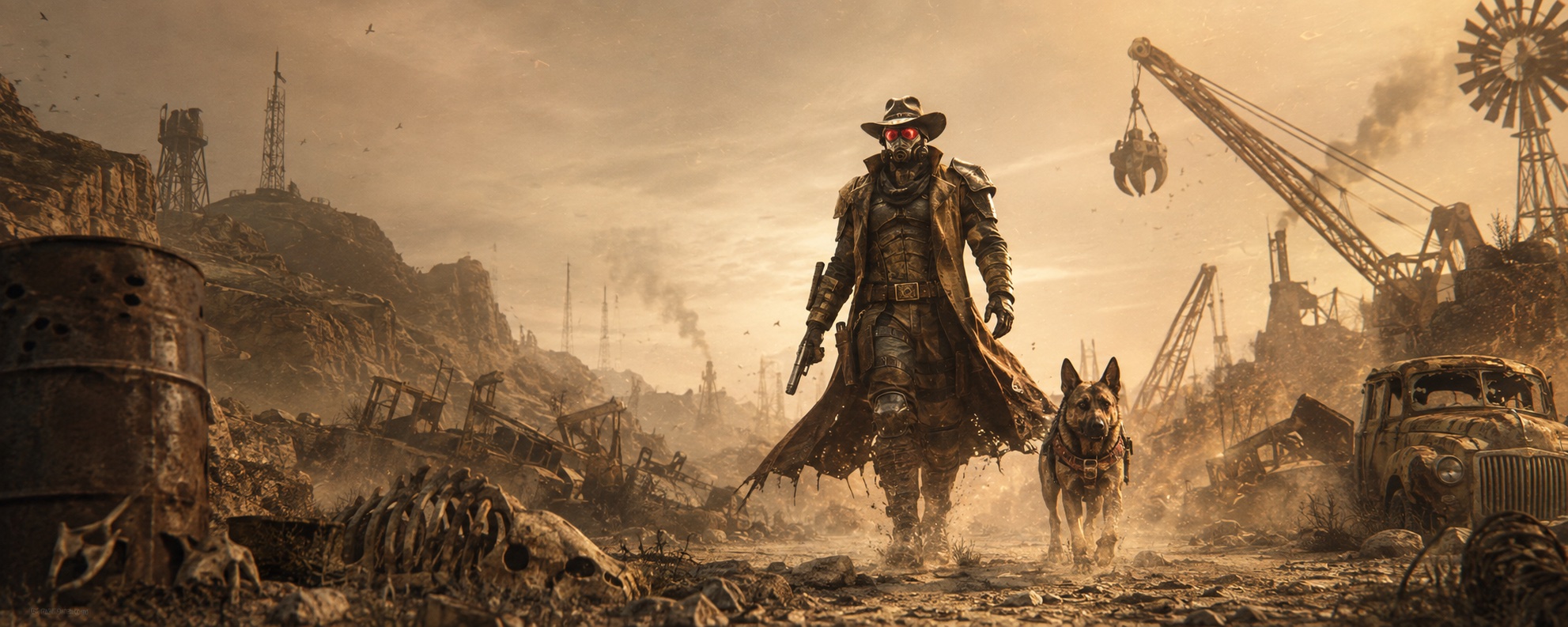 A masked wanderer and his dog crossing the wasteland