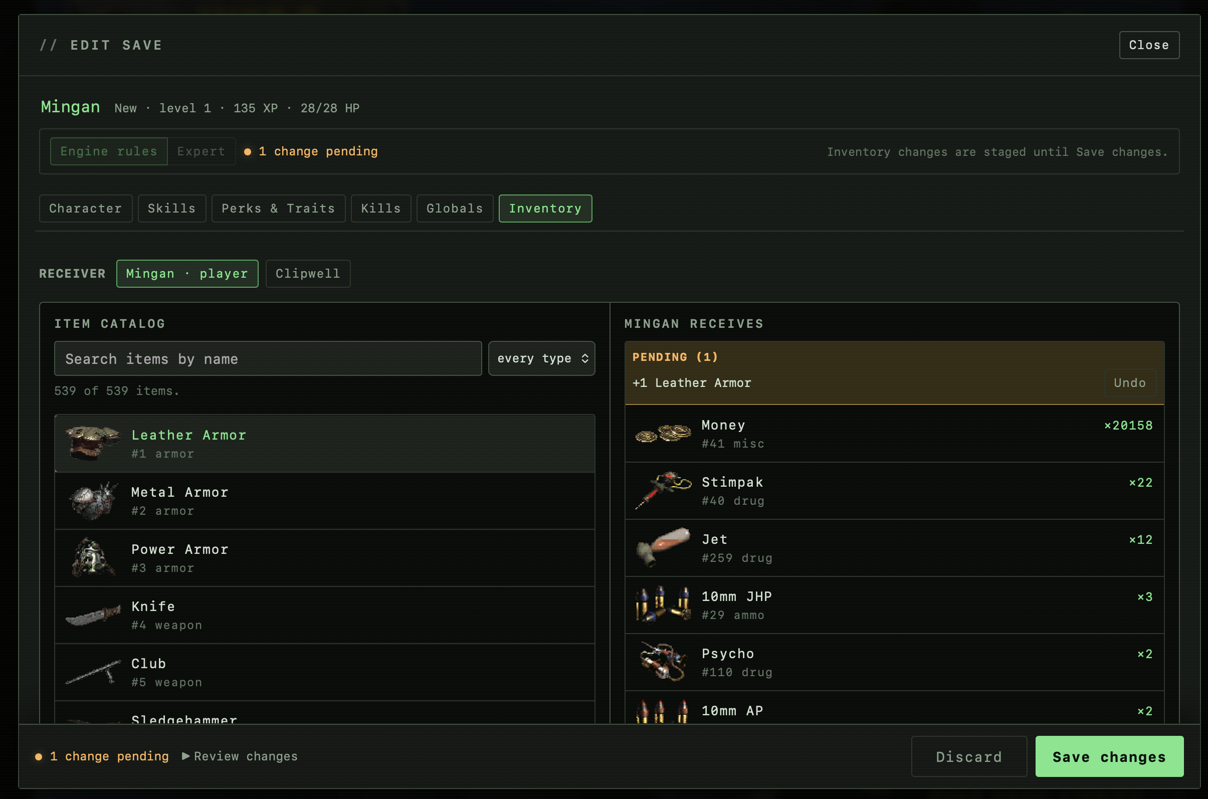 Rerun Reactor save editor showing the inventory catalog, character inventory, and one staged change
