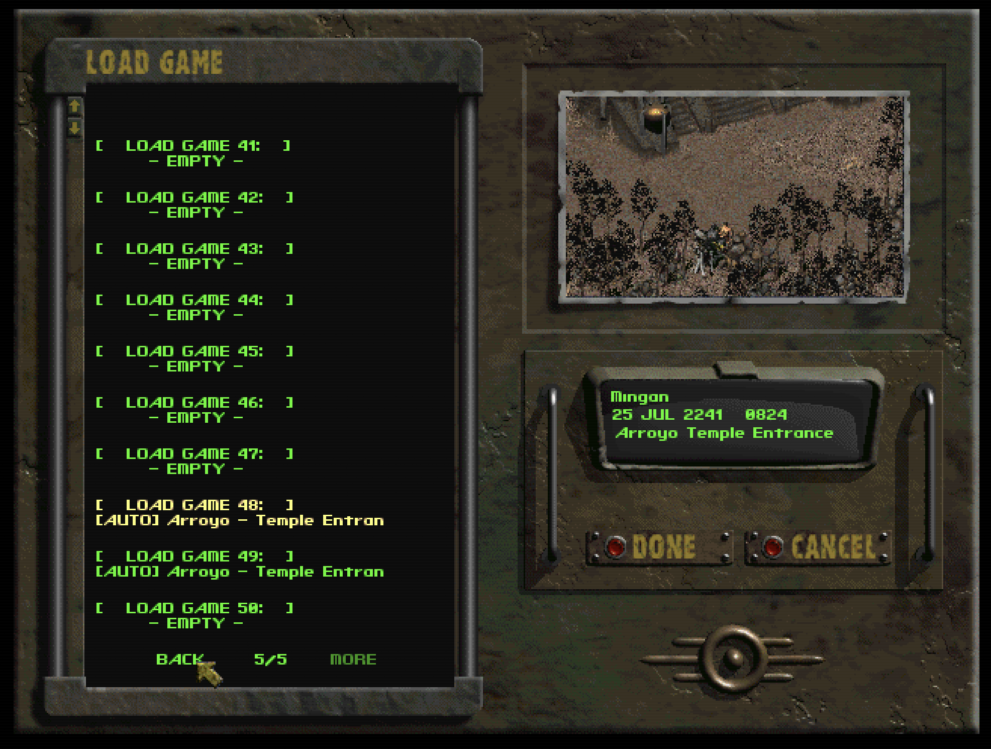 Fallout 2 load-game screen showing save slots 41 to 50, including two autosave slots at the Arroyo Temple entrance